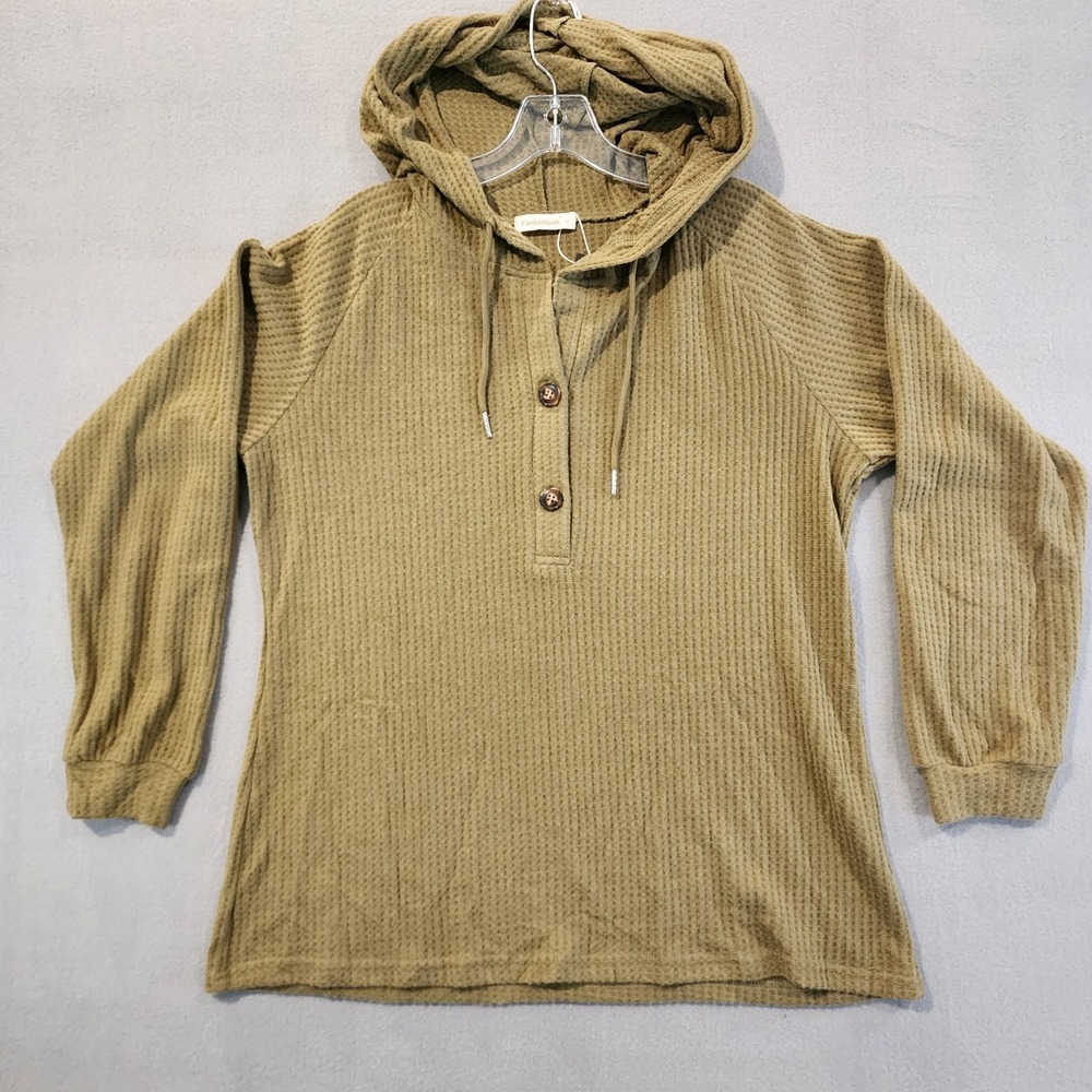 Fantaslook Women's Waffle Knit Hoodie Pullover Long Sleeve Henley Olive Green...
